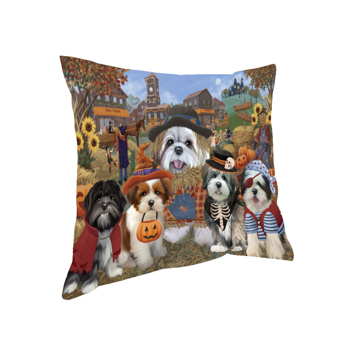 Halloween 'Round Town And Fall Pumpkin Scarecrow Both Lhasa Apso Dogs Pillow PIL82432