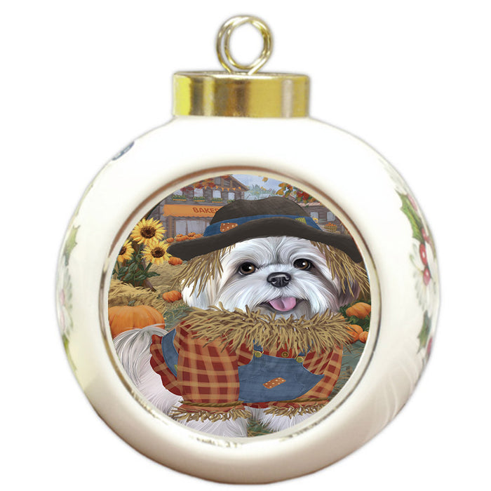 Halloween 'Round Town And Fall Pumpkin Scarecrow Both Lhasa Apso Dogs Round Ball Christmas Ornament RBPOR57473