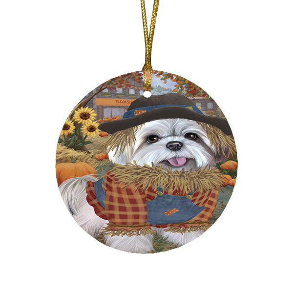 Halloween 'Round Town And Fall Pumpkin Scarecrow Both Lhasa Apso Dogs Round Flat Christmas Ornament RFPOR57473