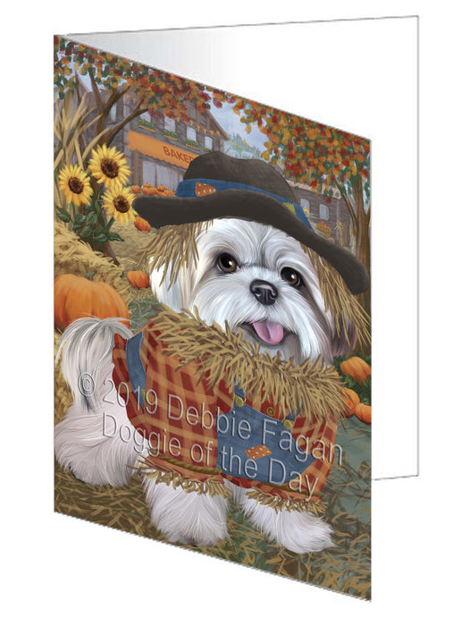 Fall Pumpkin Scarecrow Lhasa Apso Dog Handmade Artwork Assorted Pets Greeting Cards and Note Cards with Envelopes for All Occasions and Holiday Seasons GCD78053