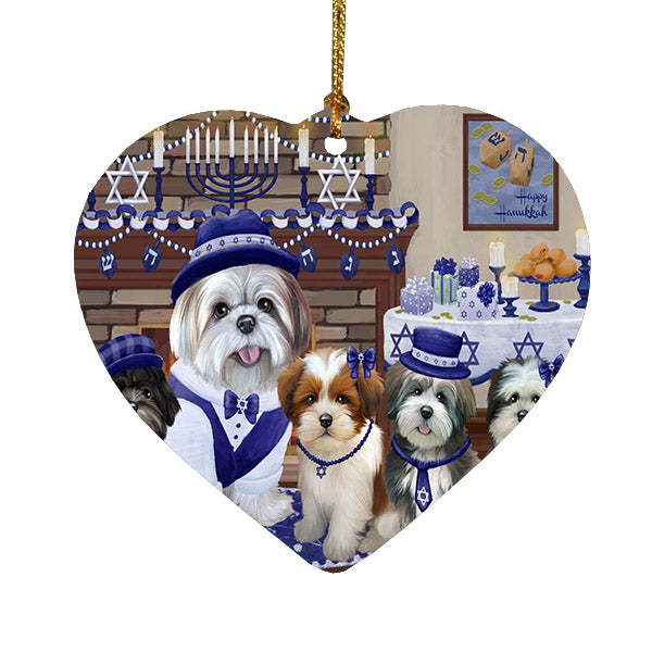 Happy Hanukkah Family Lhasa Apso Dogs Heart Christmas Ornament HPOR57630