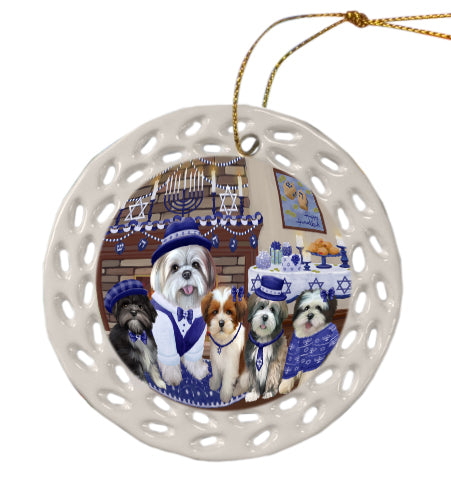 Happy Hanukkah Family Lhasa Apso Dogs Doily Ornament DPOR57988