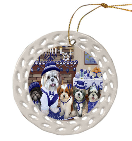 Happy Hanukkah Family Lhasa Apso Dogs Ceramic Doily Ornament DPOR57630