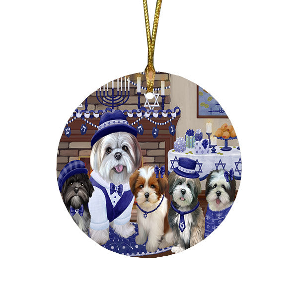 Happy Hanukkah Family and Happy Hanukkah Both Lhasa Apso Dogs Round Flat Christmas Ornament RFPOR57534