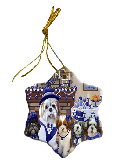 Happy Hanukkah Family Lhasa Apso Dogs Star Porcelain Ornament SPOR57630