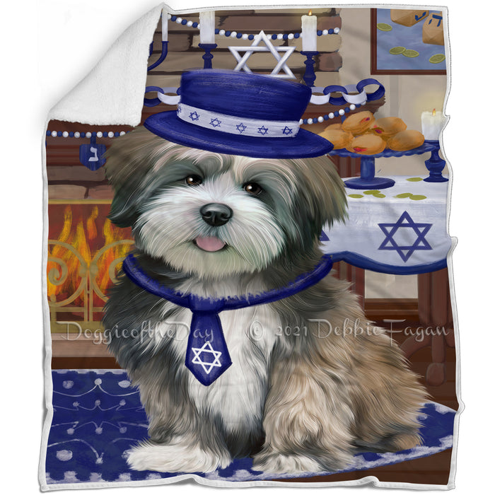 Happy Hanukkah Family and Happy Hanukkah Both Lhasa Apso Dog Blanket BLNKT140132