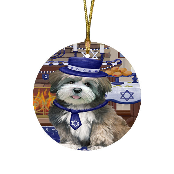 Happy Hanukkah Family and Happy Hanukkah Both Lhasa Apso Dog Round Flat Christmas Ornament RFPOR57590