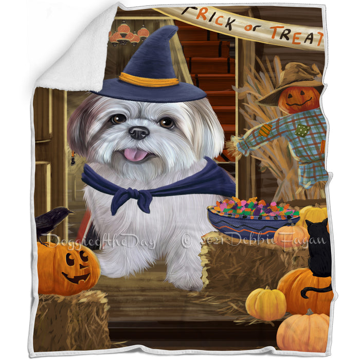 Enter at Own Risk Trick or Treat Halloween Lhasa Apso Dog Blanket BLNKT95952