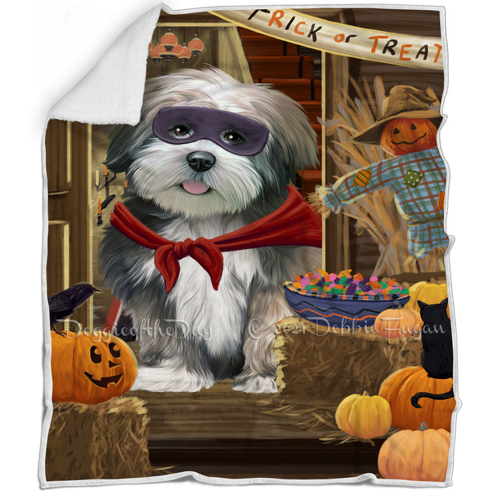 Enter at Own Risk Trick or Treat Halloween Lhasa Apso Dog Blanket BLNKT95961