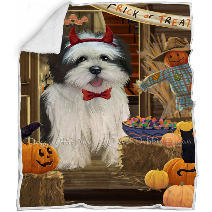 Enter at Own Risk Trick or Treat Halloween Lhasa Apso Dog Blanket BLNKT95979