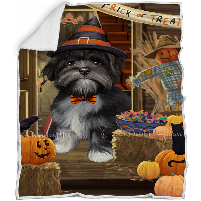 Enter at Own Risk Trick or Treat Halloween Lhasa Apso Dog Blanket BLNKT95988