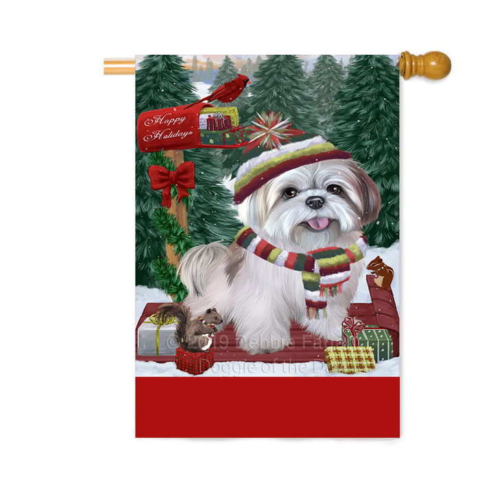Personalized Merry Christmas Woodland Sled Lhasa Apso Dog Custom House Flag FLG-DOTD-A61675