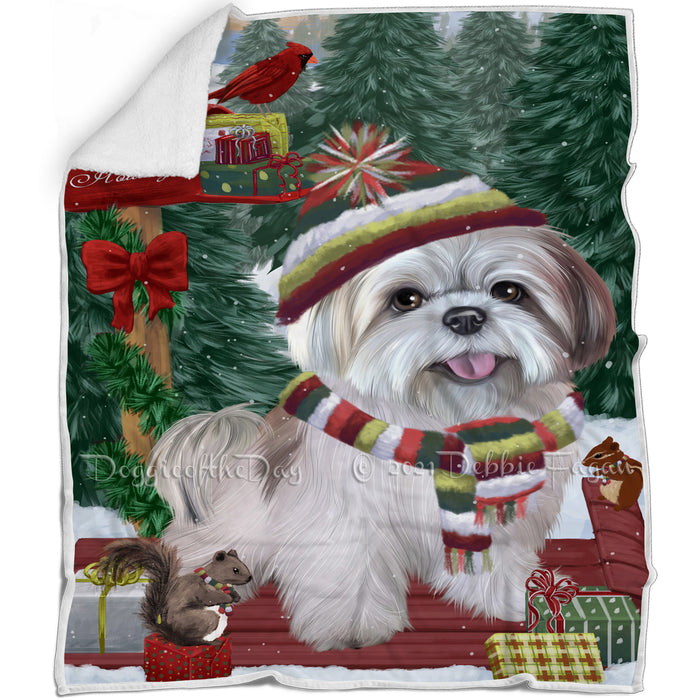 Merry Christmas Woodland Sled Lhasa Apso Dog Blanket BLNKT114087