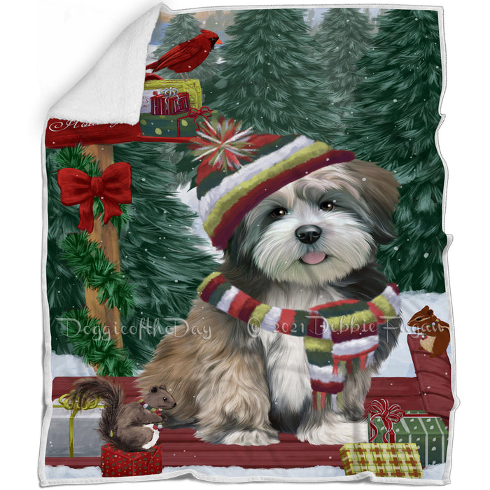 Merry Christmas Woodland Sled Lhasa Apso Dog Blanket BLNKT114096
