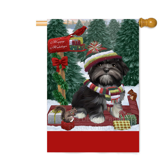 Personalized Merry Christmas Woodland Sled Lhasa Apso Dog Custom House Flag FLG-DOTD-A61678