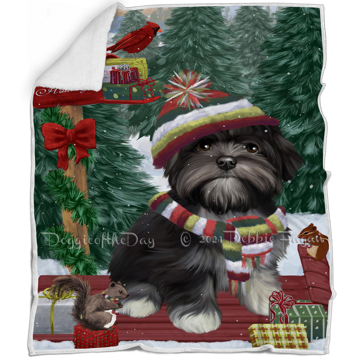 Merry Christmas Woodland Sled Lhasa Apso Dog Blanket BLNKT114114