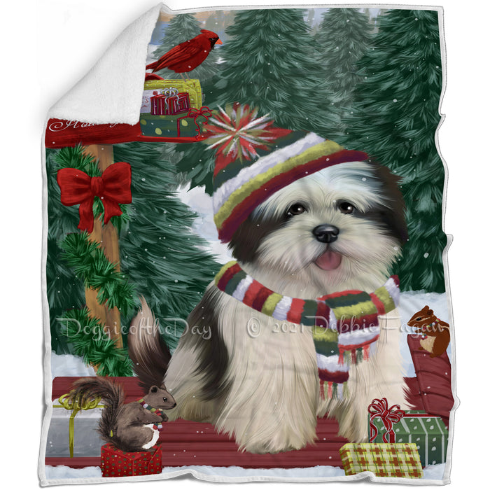 Merry Christmas Woodland Sled Lhasa Apso Dog Blanket BLNKT114123