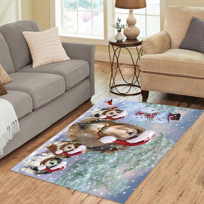 Christmas Running Fammily Lhasa Apso Dogs Area Rug