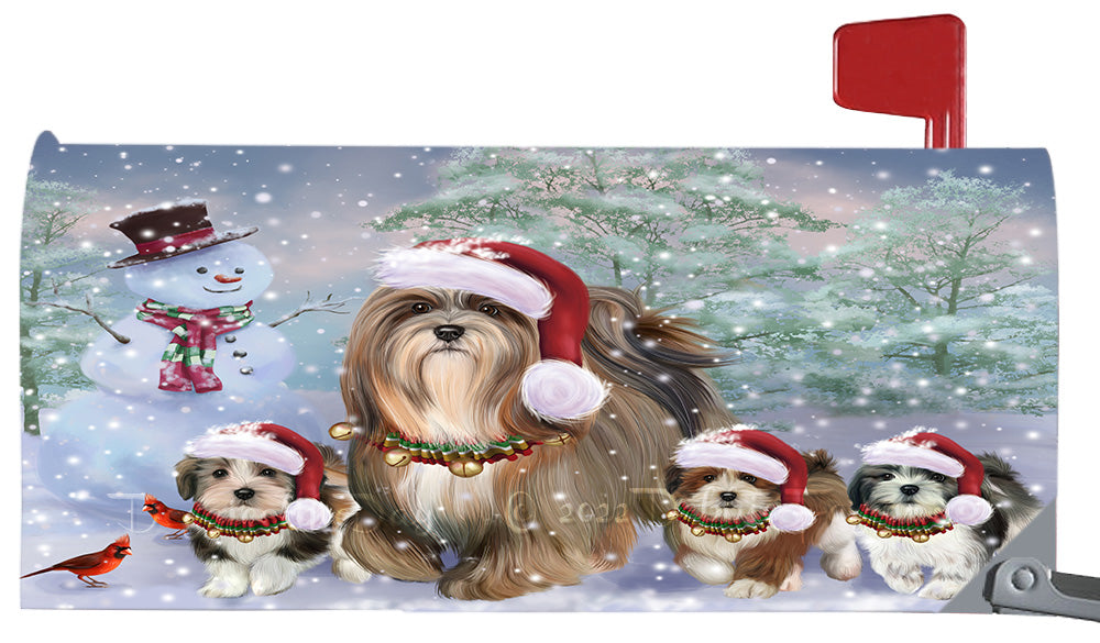 Christmas Running Family Lhasa Apso Dogs Magnetic Mailbox Cover Both Sides Pet Theme Printed Decorative Letter Box Wrap Case Postbox Thick Magnetic Vinyl Material
