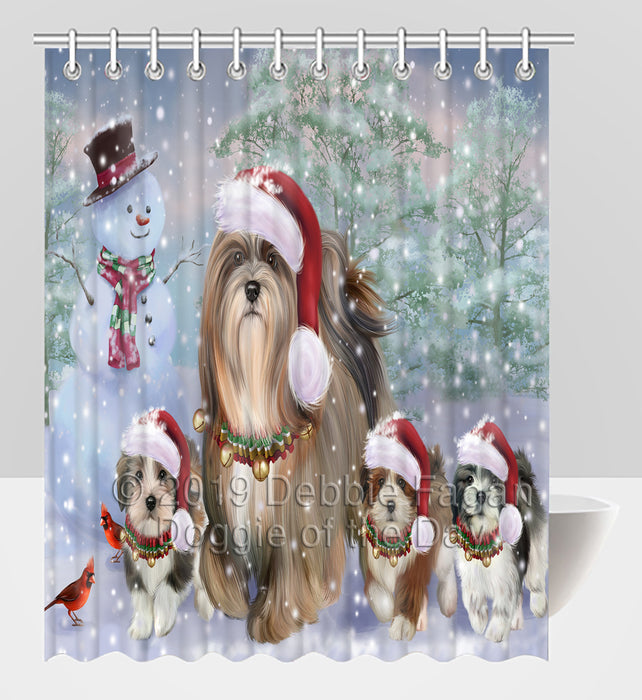 Christmas Running Fammily Lhasa Apso Dogs Shower Curtain