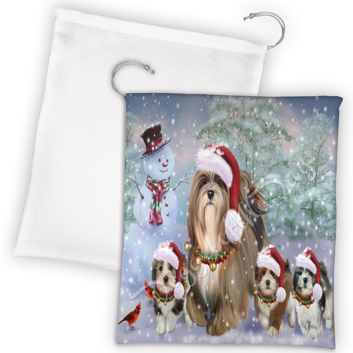 Christmas Running Fammily Lhasa Apso Dogs Drawstring Laundry or Gift Bag LGB48232