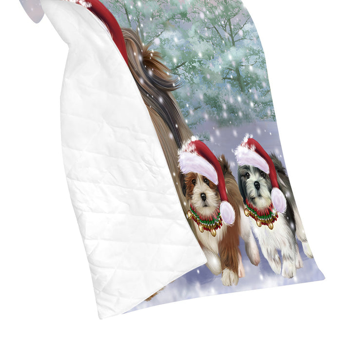 Christmas Running Fammily Lhasa Apso Dogs Quilt
