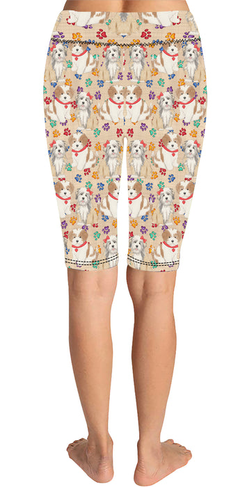 Rainbow Paw Print Lhasa Apso Dogs Red Knee Length Leggings