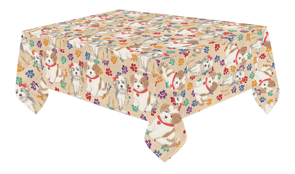 Rainbow Paw Print Lhasa Apso Dogs Red Cotton Linen Tablecloth