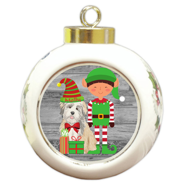 Custom Personalized Lhasa Apso Dog Elfie and Presents Christmas Round Ball Ornament