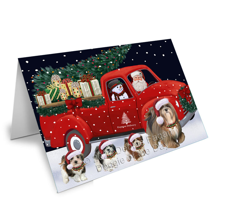 Christmas Express Delivery Red Truck Running Lhasa Apso Dogs Handmade Artwork Assorted Pets Greeting Cards and Note Cards with Envelopes for All Occasions and Holiday Seasons GCD75161