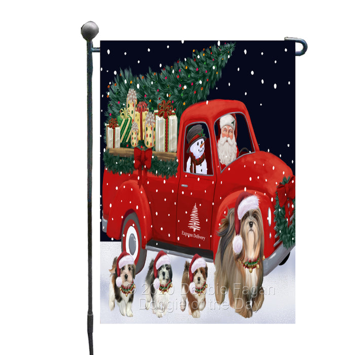 Christmas Express Delivery Red Truck Running Lhasa Apso Dogs Garden Flag GFLG66473