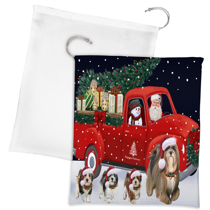 Christmas Express Delivery Red Truck Running Lhasa Apso Dogs Drawstring Laundry or Gift Bag LGB48909