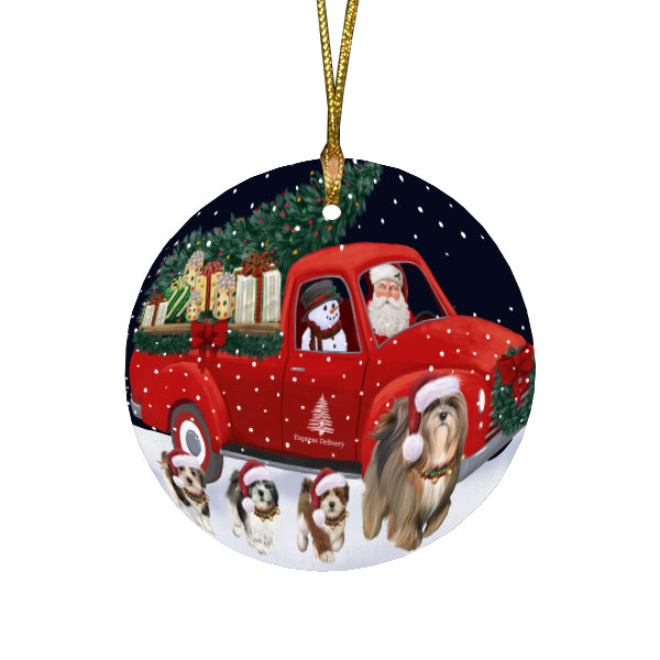 Christmas Express Delivery Red Truck Running Lhasa Apso Dogs Round Flat Christmas Ornament RFPOR57757