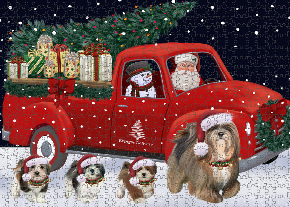 Christmas Express Delivery Red Truck Running Lhasa Apso Dogs Puzzle with Photo Tin PUZL99728