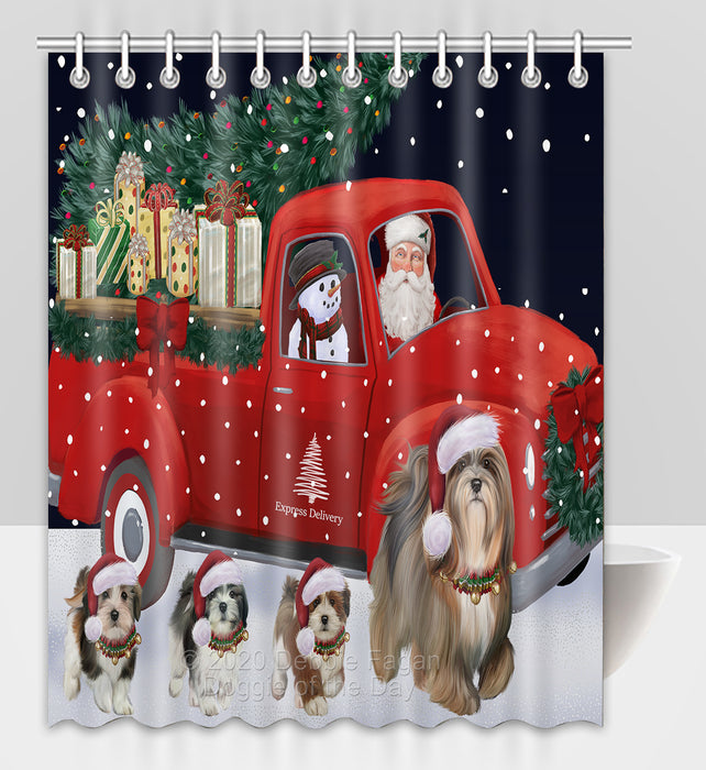 Christmas Express Delivery Red Truck Running Lhasa Apso Dogs Shower Curtain Bathroom Accessories Decor Bath Tub Screens