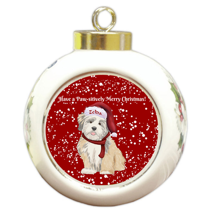 Custom Personalized Pawsitively Lhasa Apso Dog Merry Christmas Round Ball Ornament