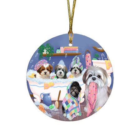 Rub A Dub Dogs In A Tub Lhasa Apsos Dog Round Flat Christmas Ornament RFPOR57156