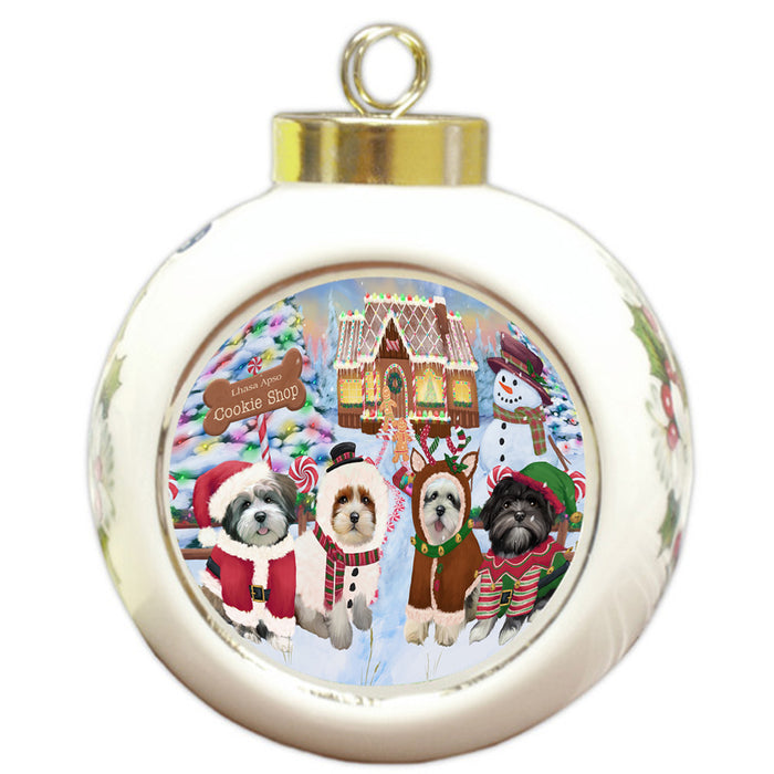 Holiday Gingerbread Cookie Shop Lhasa Apsos Dog Round Ball Christmas Ornament RBPOR56767
