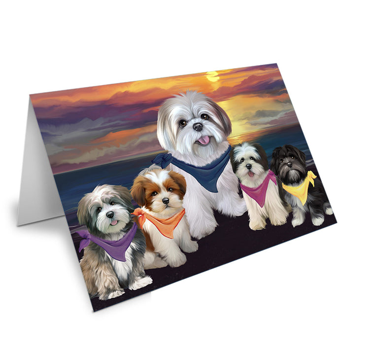 Family Sunset Portrait Lhasa Apsos Dog Handmade Artwork Assorted Pets Greeting Cards and Note Cards with Envelopes for All Occasions and Holiday Seasons GCD54815