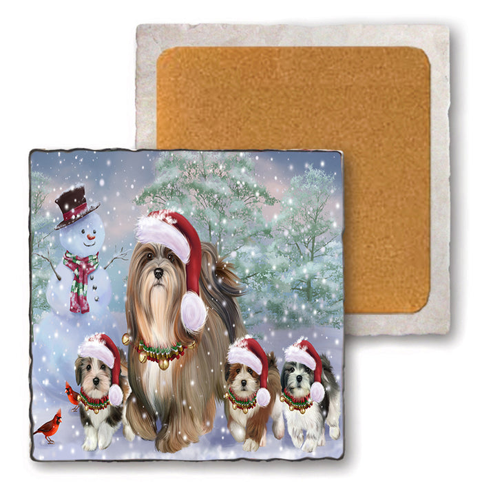 Christmas Running Family Lhasa Apso Dogs Set of 4 Natural Stone Marble Tile Coasters MCST52133