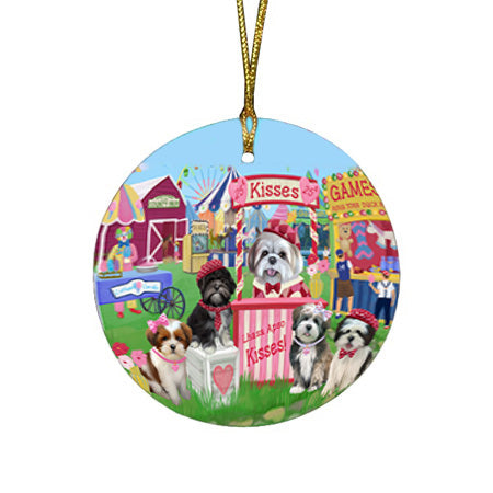 Carnival Kissing Booth Lhasa Apsos Dog Round Flat Christmas Ornament RFPOR56261