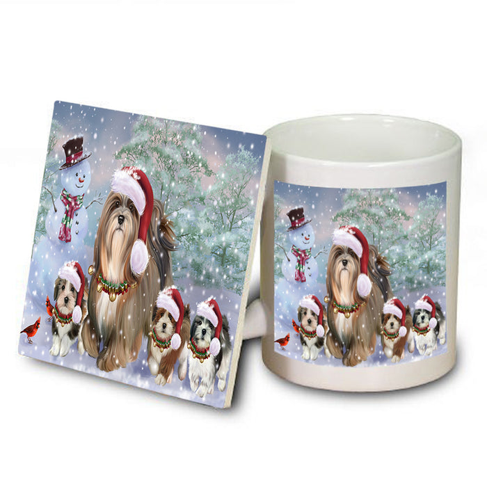Christmas Running Family Lhasa Apso Dogs Mug and Coaster Set MUC57125