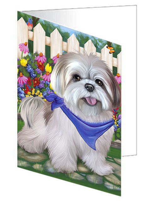 Spring Floral Lhasa Apso Dog Handmade Artwork Assorted Pets Greeting Cards and Note Cards with Envelopes for All Occasions and Holiday Seasons GCD53741