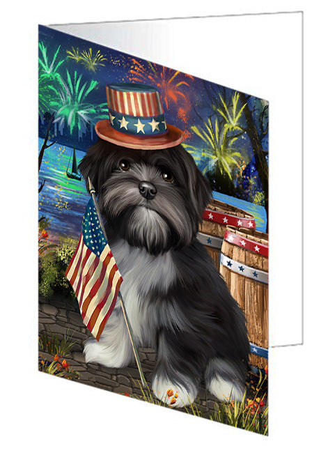 4th of July Independence Day Fireworks Lhasa Apso Dog at the Lake Handmade Artwork Assorted Pets Greeting Cards and Note Cards with Envelopes for All Occasions and Holiday Seasons GCD56960