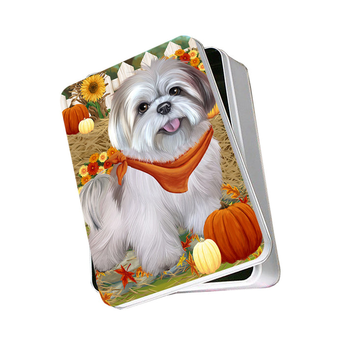 Fall Autumn Greeting Lhasa Apso Dog with Pumpkins Photo Storage Tin PITN50773