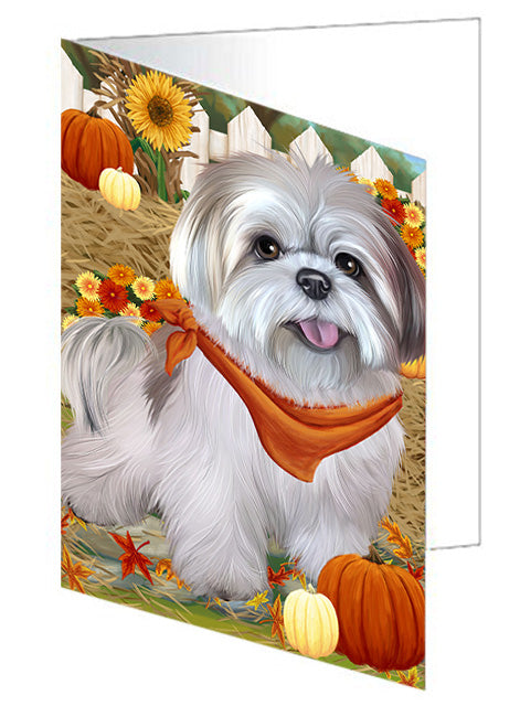 Fall Autumn Greeting Lhasa Apso Dog with Pumpkins Handmade Artwork Assorted Pets Greeting Cards and Note Cards with Envelopes for All Occasions and Holiday Seasons GCD56348