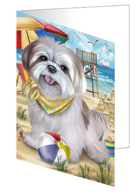 Pet Friendly Beach Lhasa Apso Dog Handmade Artwork Assorted Pets Greeting Cards and Note Cards with Envelopes for All Occasions and Holiday Seasons GCD54170