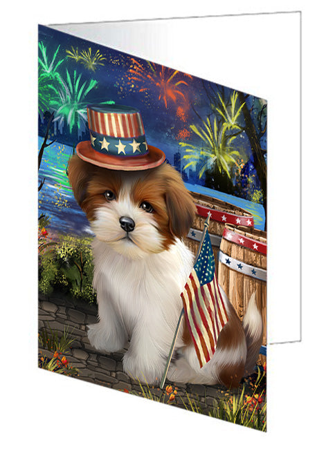 4th of July Independence Day Fireworks Lhasa Apso Dog at the Lake Handmade Artwork Assorted Pets Greeting Cards and Note Cards with Envelopes for All Occasions and Holiday Seasons GCD56963