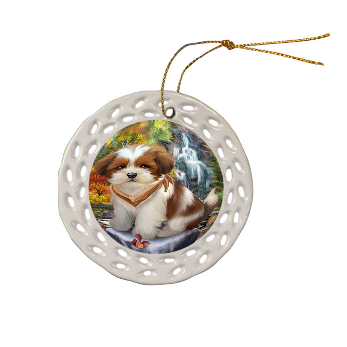 Scenic Waterfall Lhasa Apso Dog Ceramic Doily Ornament DPOR49481