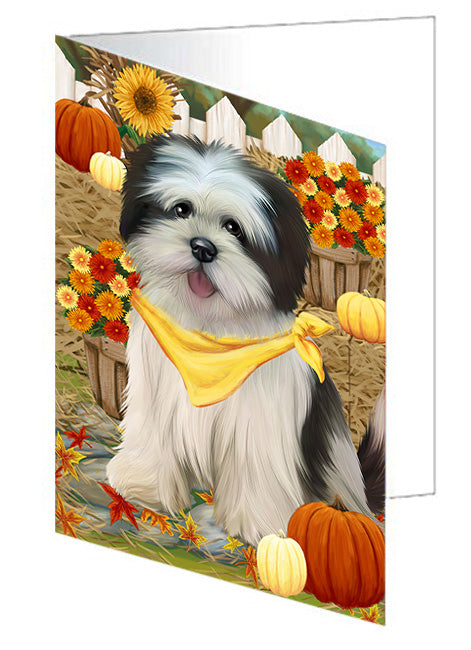 Fall Autumn Greeting Lhasa Apso Dog with Pumpkins Handmade Artwork Assorted Pets Greeting Cards and Note Cards with Envelopes for All Occasions and Holiday Seasons GCD56351